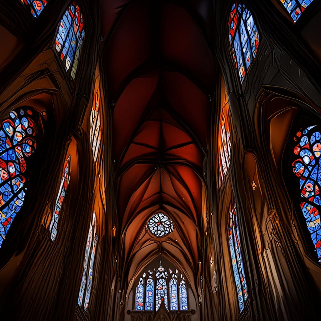 AI architectural photography - cathedral interior stained glass light upward view - VOID AI bulk image creator