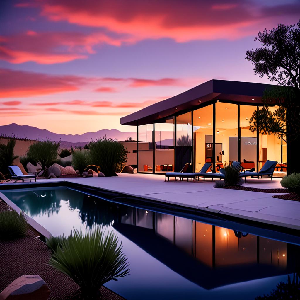 AI architecture photography - sleek mid-century modern desert home with infinity pool - VOID AI bulk image creator