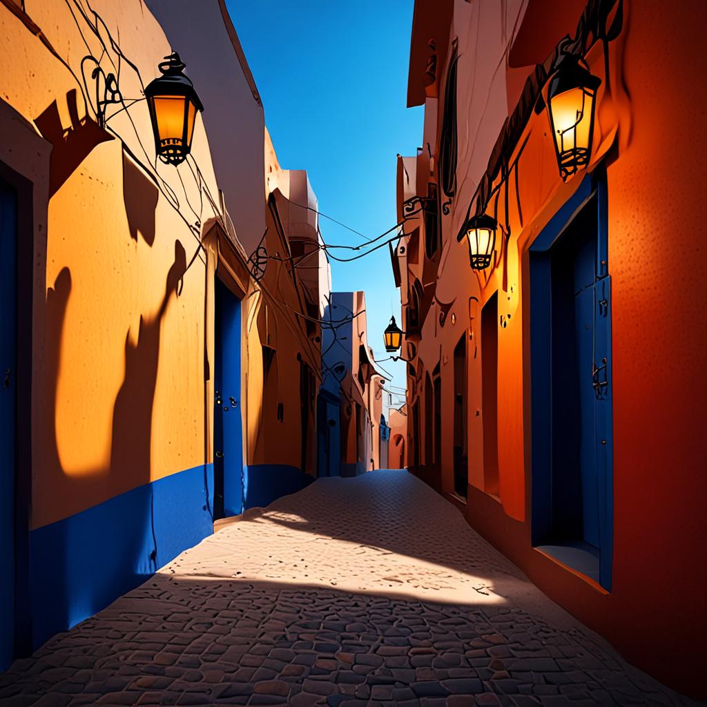 AI travel photography - Moroccan blue alley lanterns cultural architecture - VOID AI bulk image creator