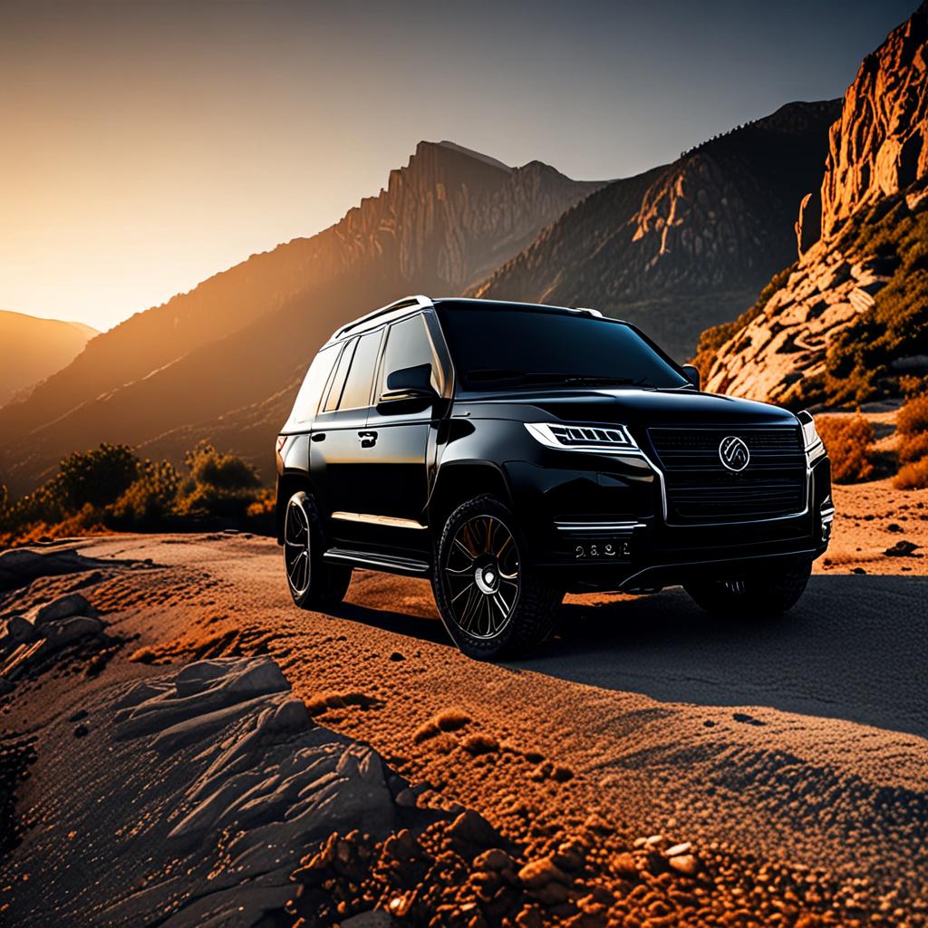 AI automotive photography - sleek black luxury SUV on mountain road at golden hour - VOID AI bulk image creator