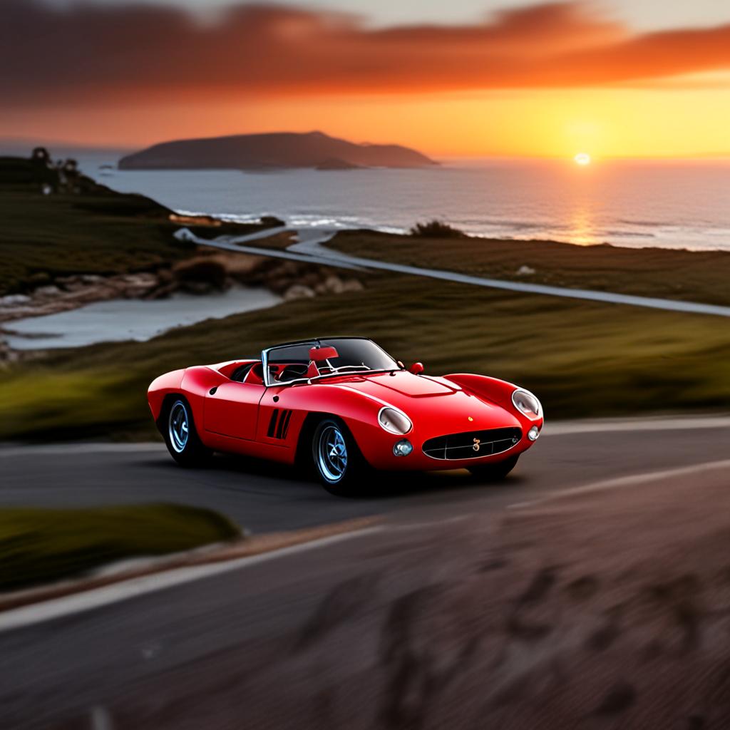 AI automotive photography - classic red Ferrari on winding coastal road at sunset - VOID AI bulk image creator