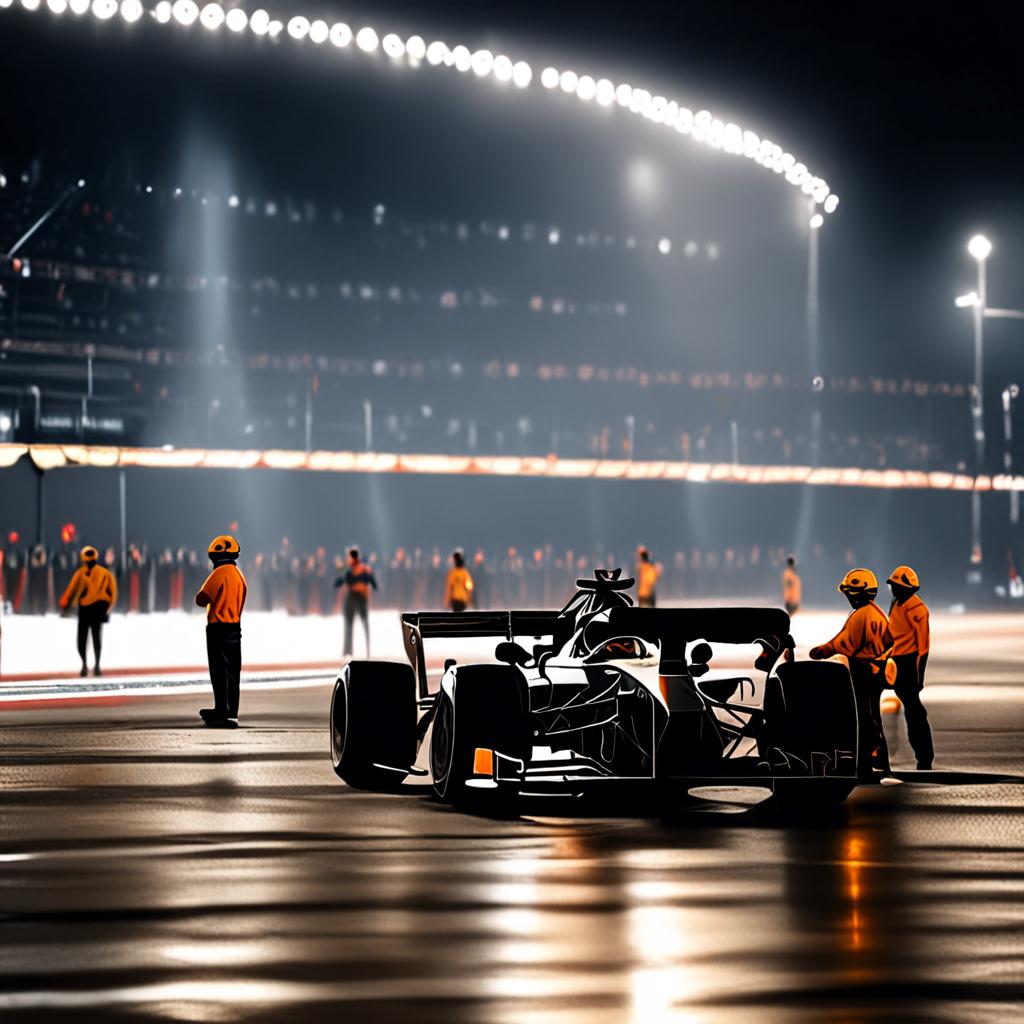 AI motorsport photography - Formula 1 race grid at night with floodlights pit crew - VOID AI bulk image creator
