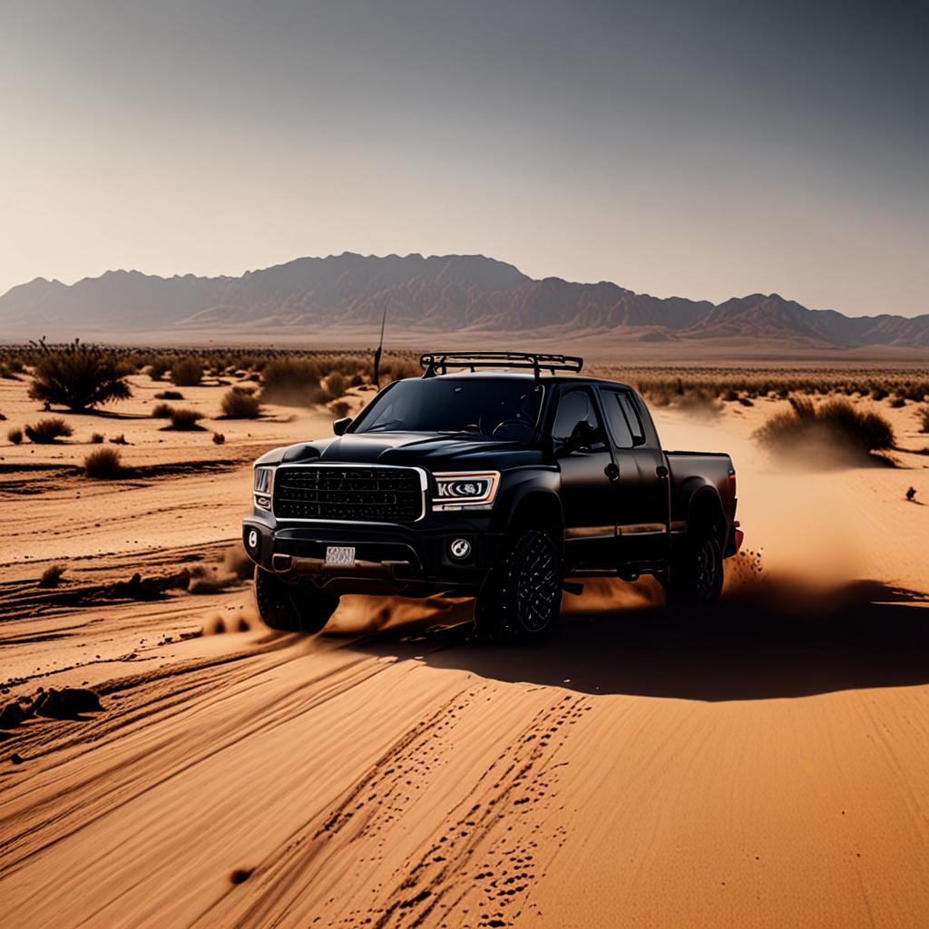 AI truck photography - matte black pickup desert road rugged commercial - VOID AI bulk image creator