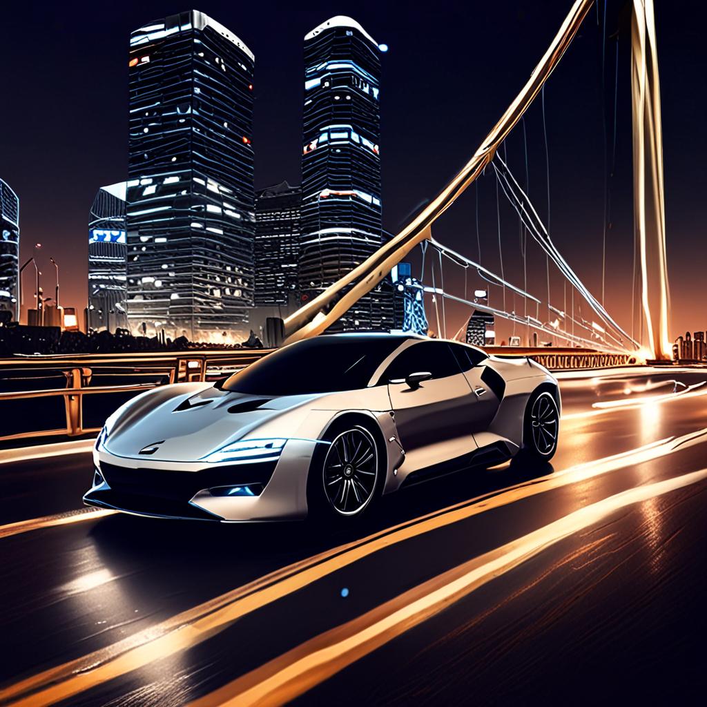 AI automotive photography - electric supercar on futuristic city bridge at night - VOID AI bulk image creator