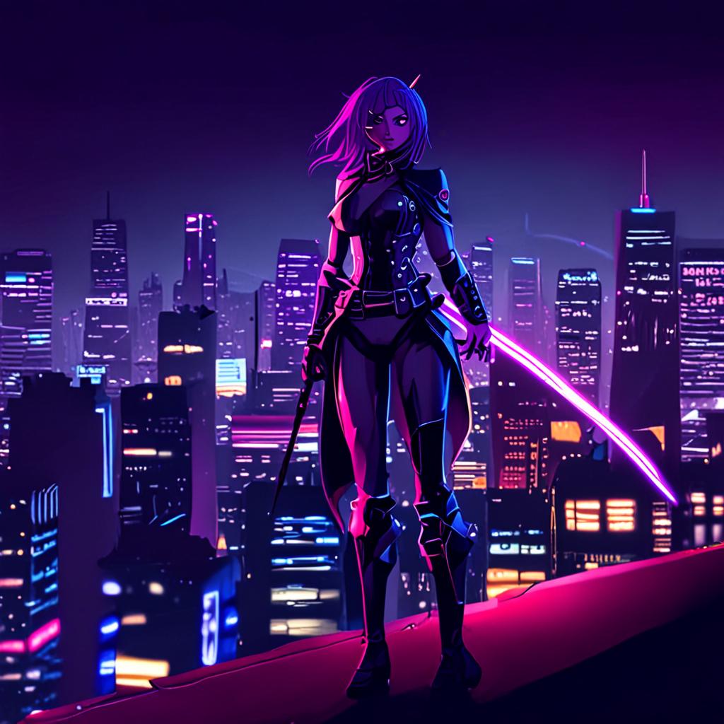 AI anime digital art - cyberpunk anime warrior katana neon city rooftop scene - VOID AI bulk image creator