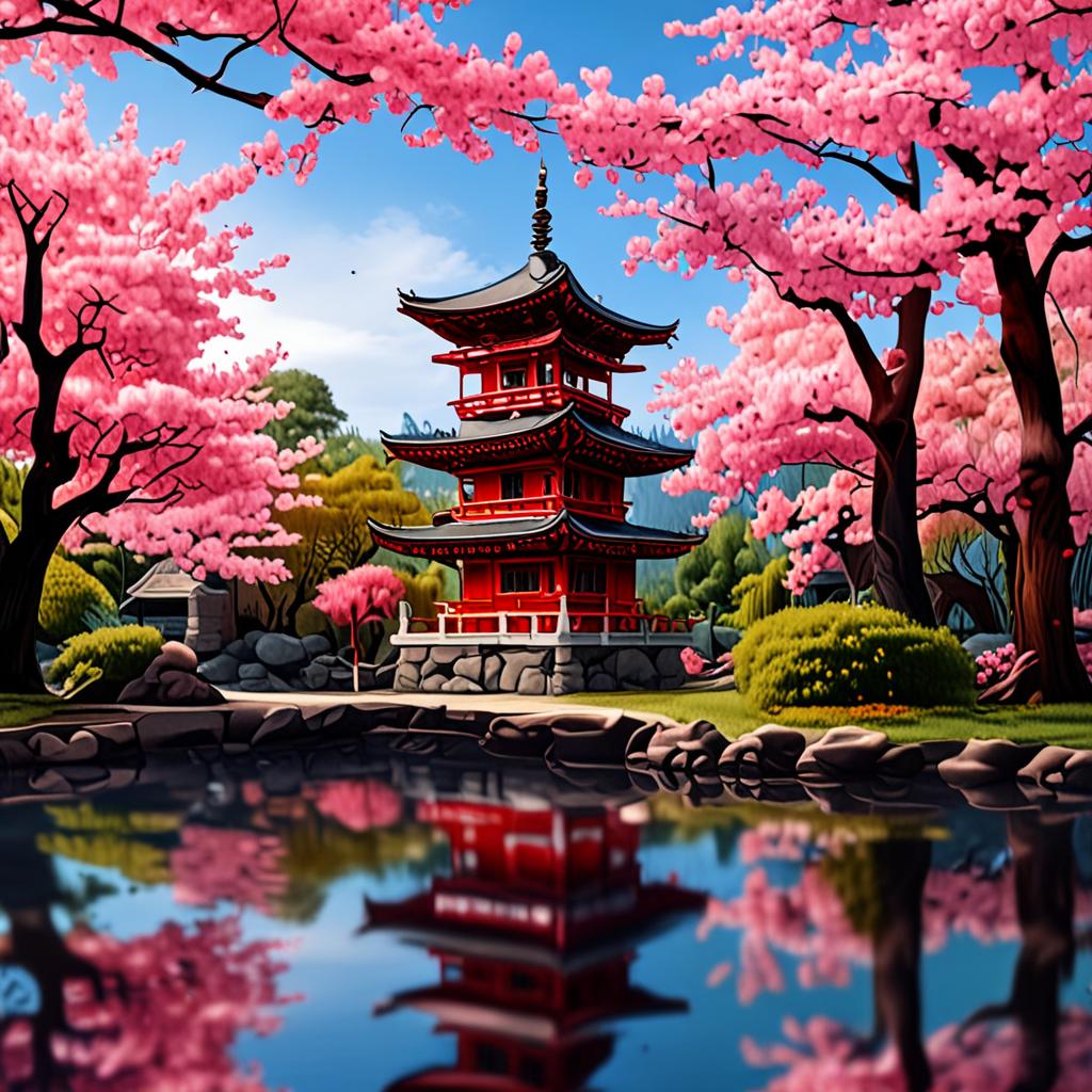 AI oriental art - ancient Japanese pagoda reflected in koi pond with cherry blossom - VOID AI bulk image creator