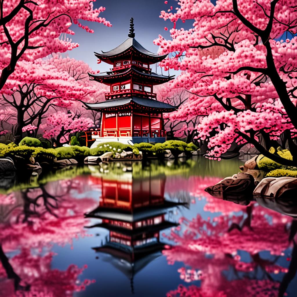 AI Japanese art - pagoda koi pond cherry blossom spring oriental fine art - VOID AI bulk image creator