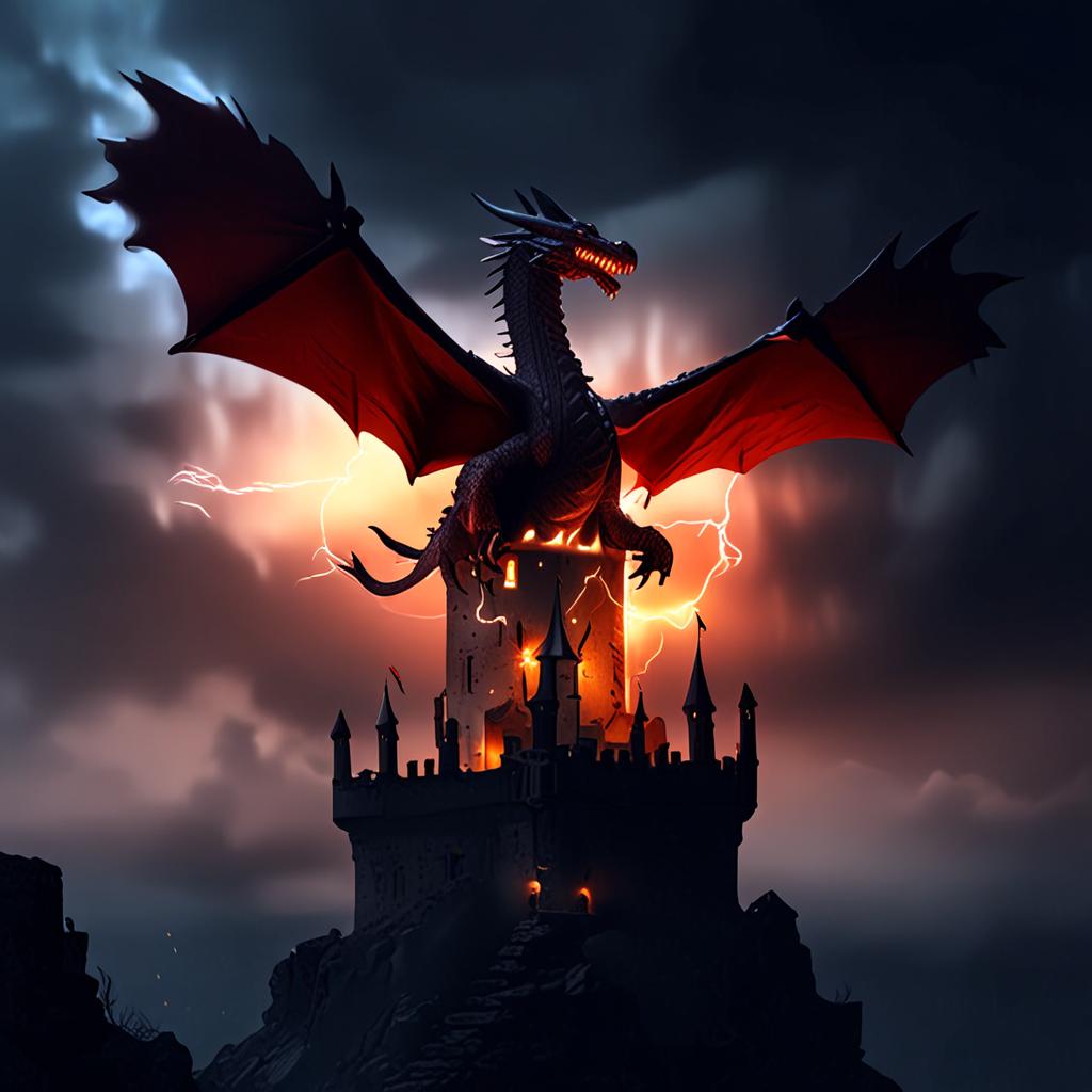AI fantasy art - dragon soaring over medieval castle surrounded by lightning storm - VOID AI bulk image creator