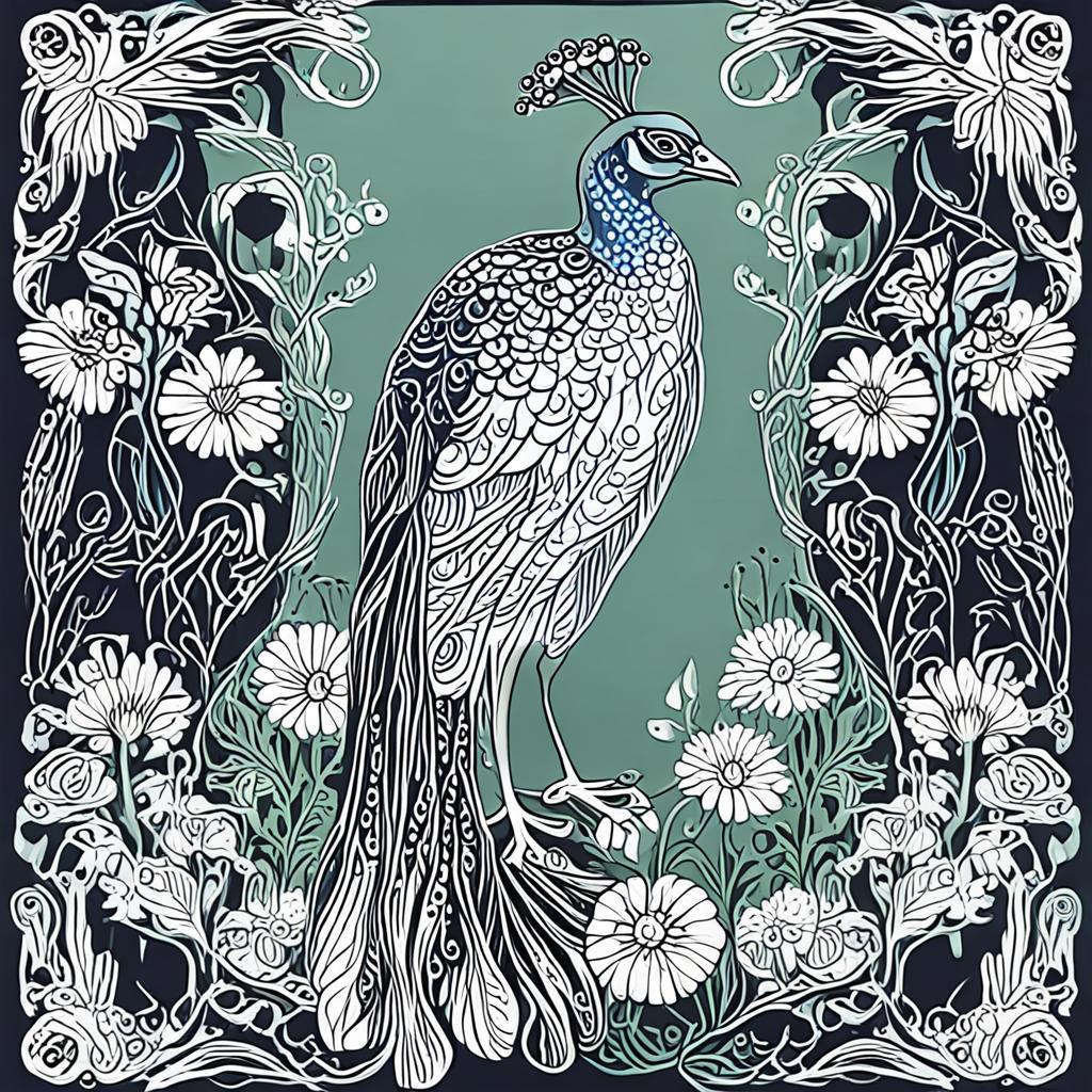 AI art nouveau - decorative illustration with peacock feathers and wildflowers vintage - VOID AI bulk image creator
