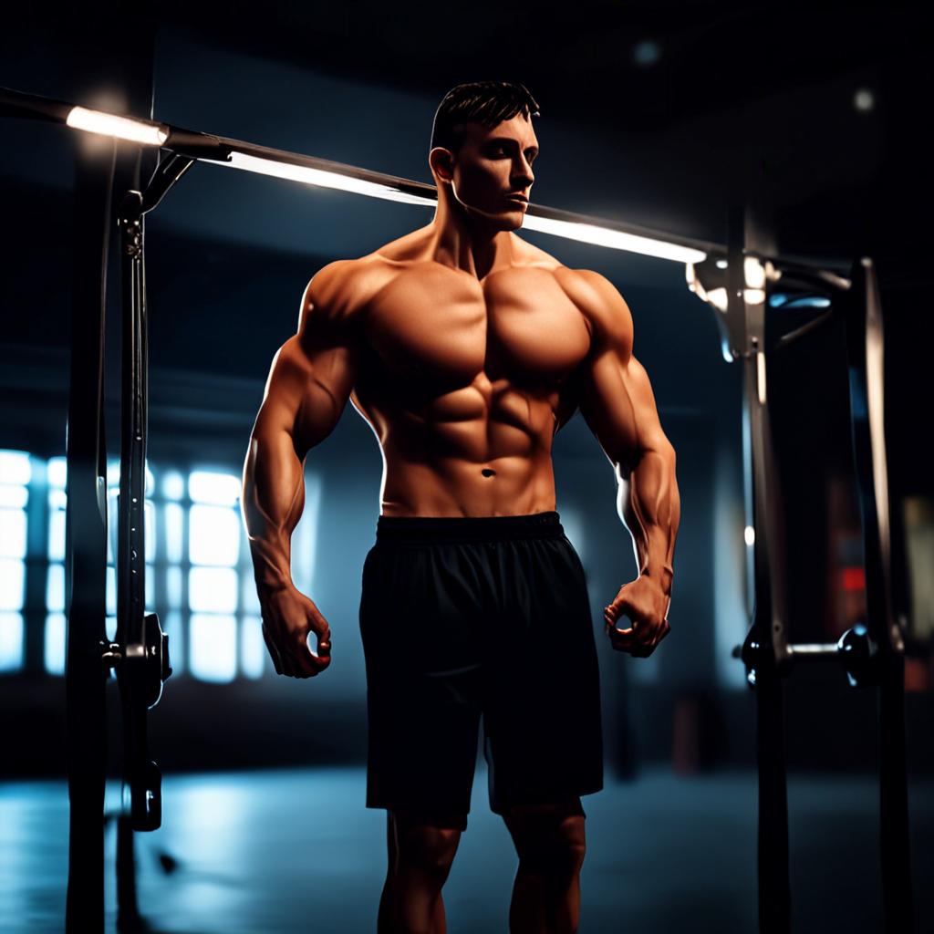AI fitness photography - muscular male athlete performing pull-up in moody gym - VOID AI bulk image creator