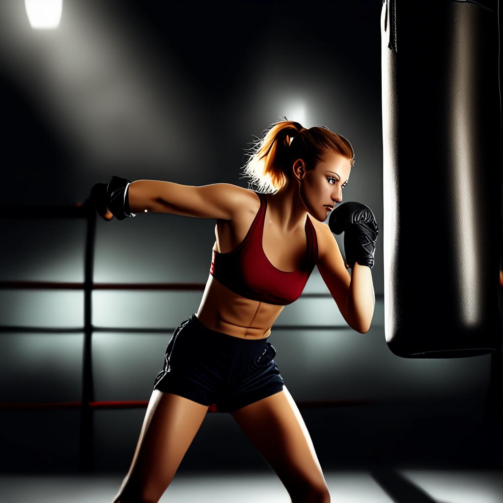 AI fitness photography - female boxer training on heavy bag with dramatic side lighting - VOID AI bulk image creator