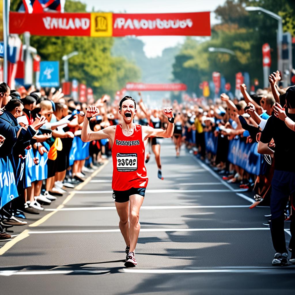 AI sports photography - marathon runner crossing finish line with crowd cheering - VOID AI bulk image creator