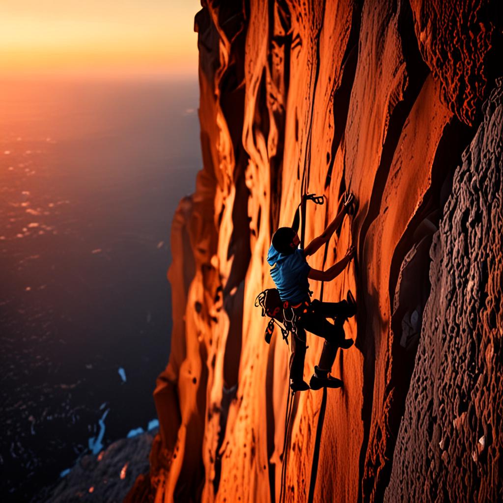 AI sports photography - rock climber scaling sheer cliff face at sunset - VOID AI bulk image creator
