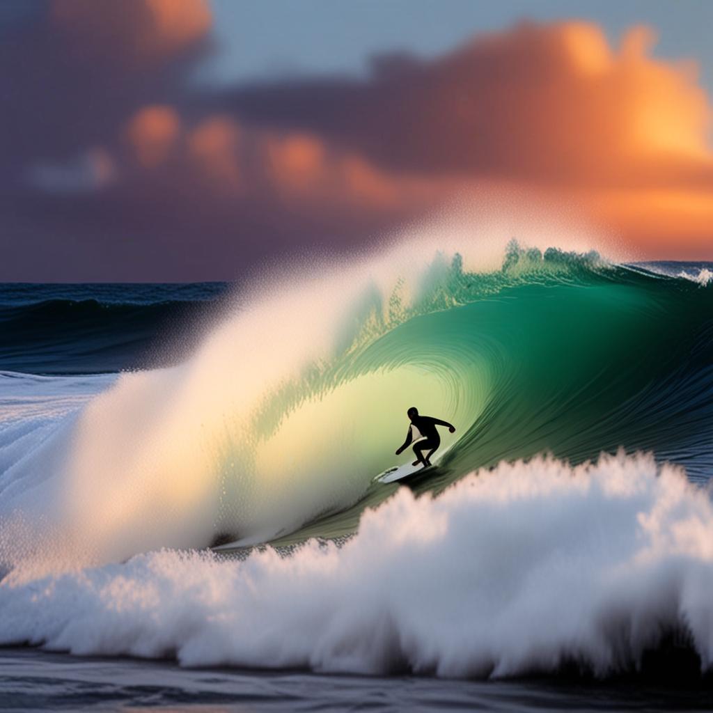 AI sports photography - surfer catching massive ocean wave at sunrise - VOID AI bulk image creator
