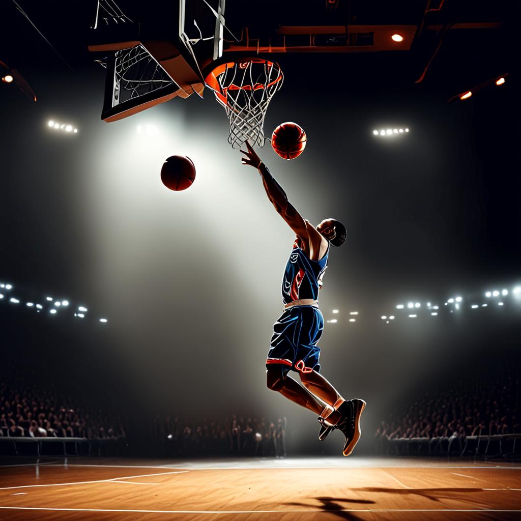 AI sports photography - basketball player dunking in dramatic arena lighting - VOID AI bulk image creator
