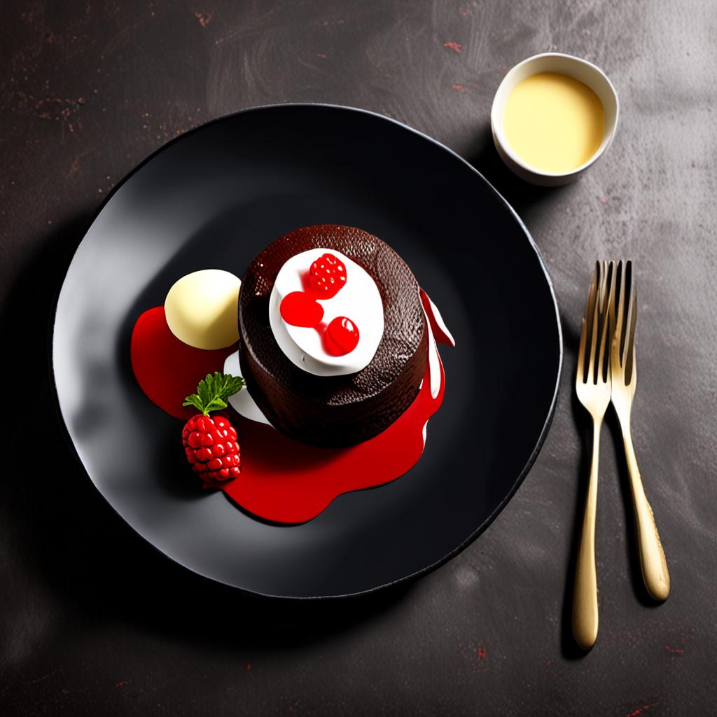 AI food photography - chocolate lava cake with vanilla ice cream and raspberry coulis - VOID AI bulk image creator