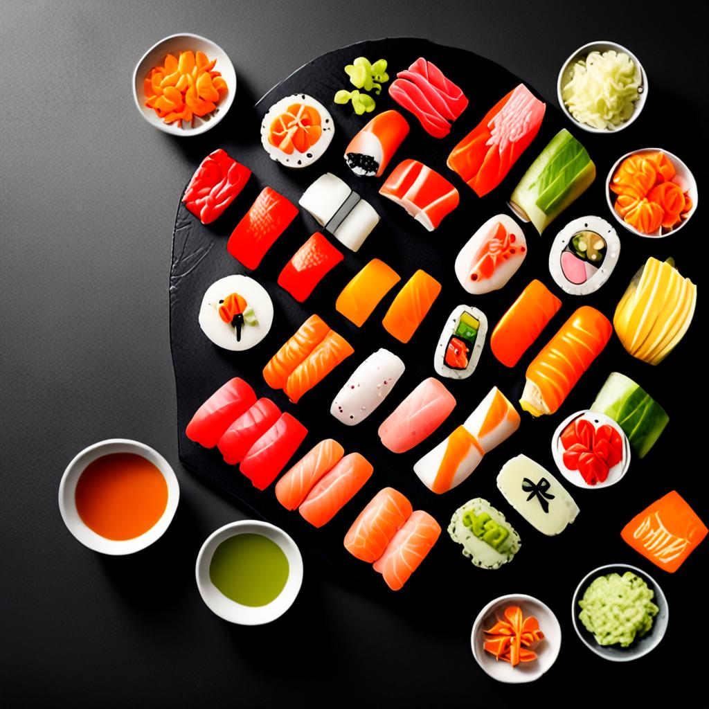 AI food photography - fresh Japanese sushi platter with wasabi on black stone - VOID AI bulk image creator
