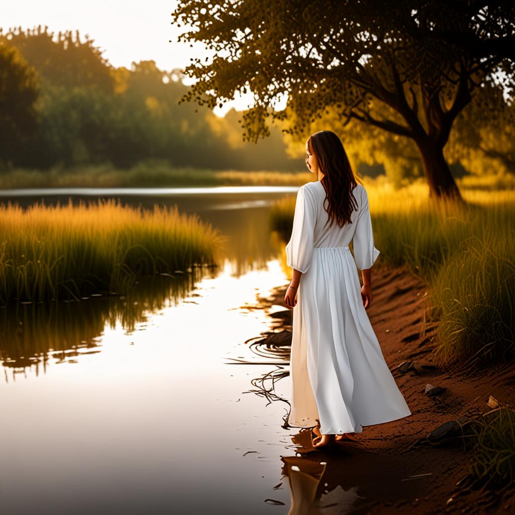 AI lifestyle photography - woman by river golden hour editorial photography - VOID AI bulk image creator