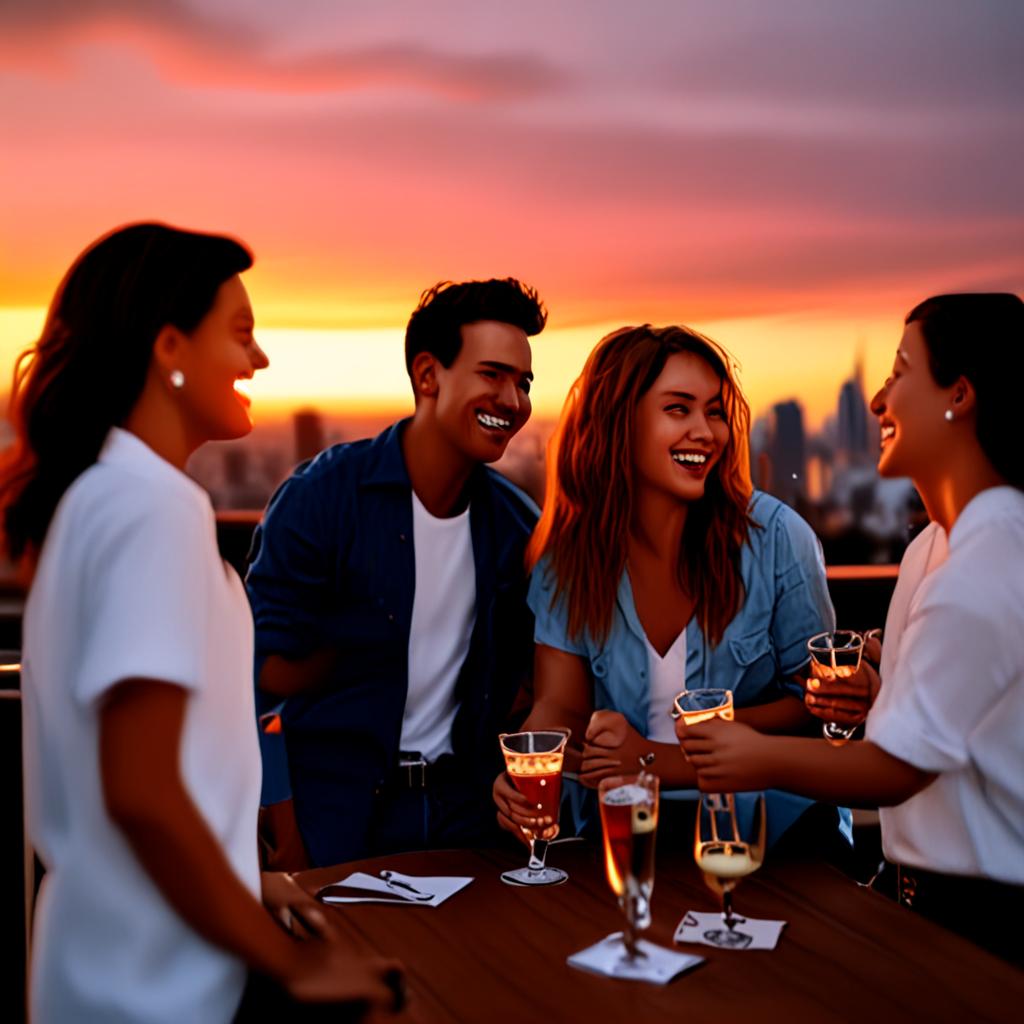 AI lifestyle photography - friends laughing at rooftop bar at sunset - VOID AI bulk image creator