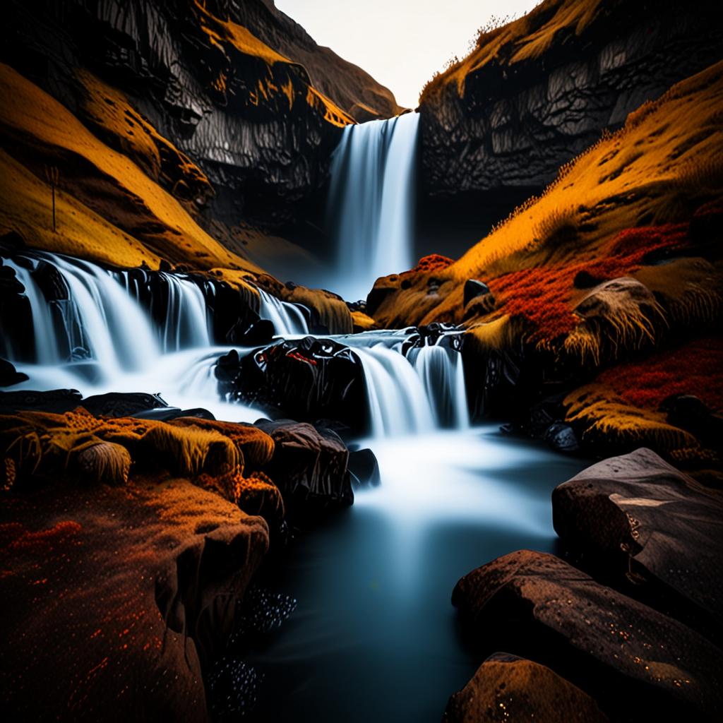AI landscape photography - Icelandic waterfall autumn dramatic landscape - VOID AI bulk image creator