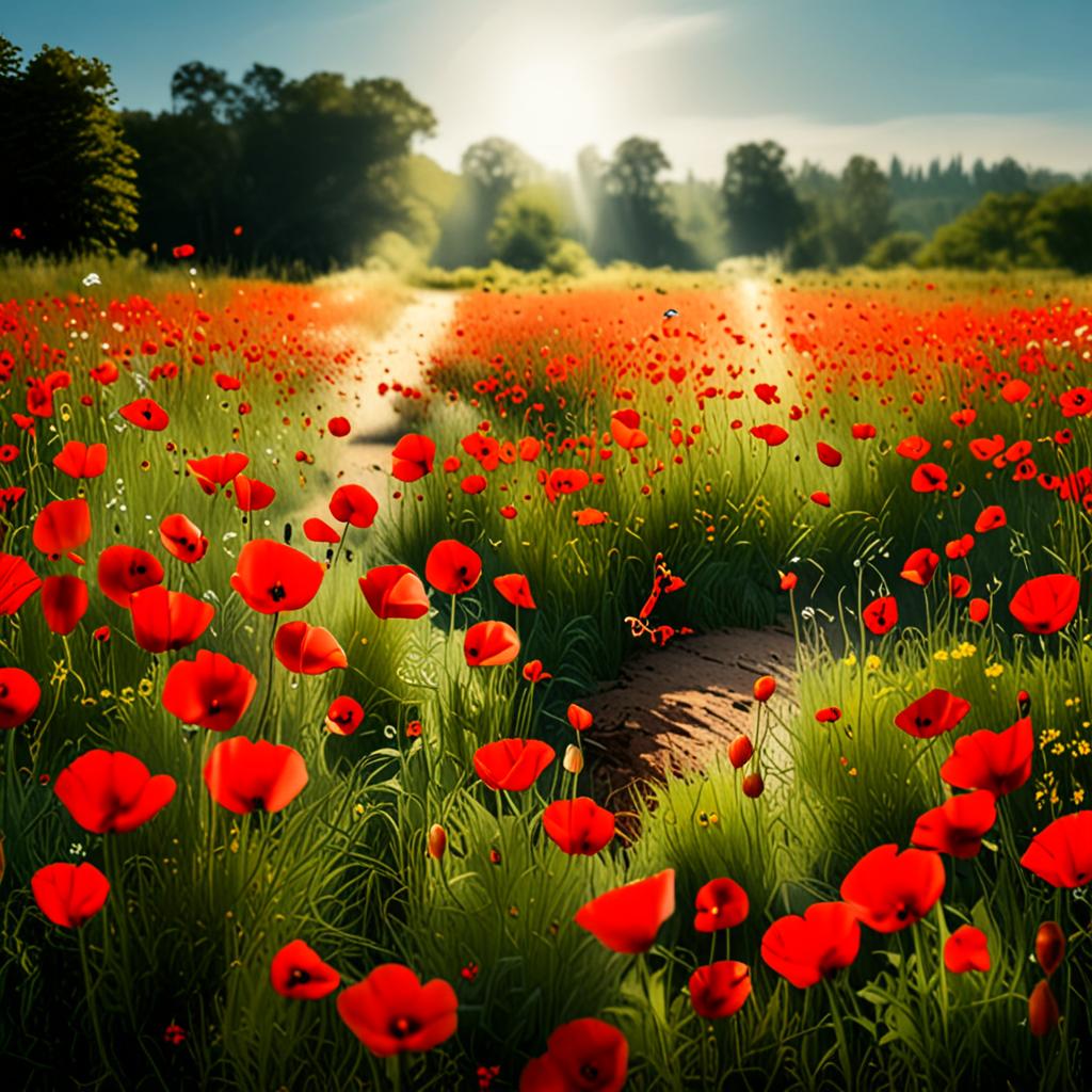AI nature photography - wild meadow full of poppies and butterflies on sunny day - VOID AI bulk image creator