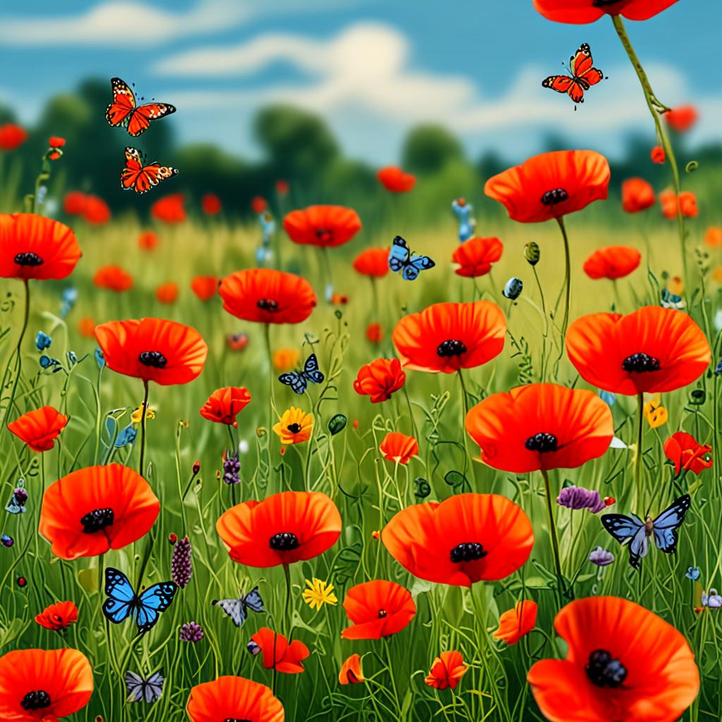 AI nature photography - summer wildflower meadow poppies butterflies - VOID AI bulk image creator