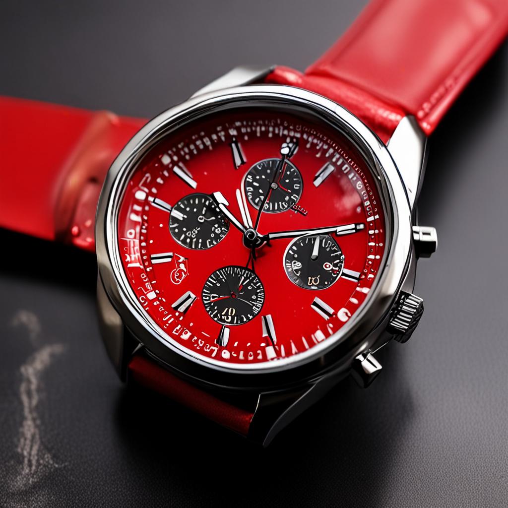 AI product photography - premium red wristwatch on dark leather surface - VOID AI bulk image creator
